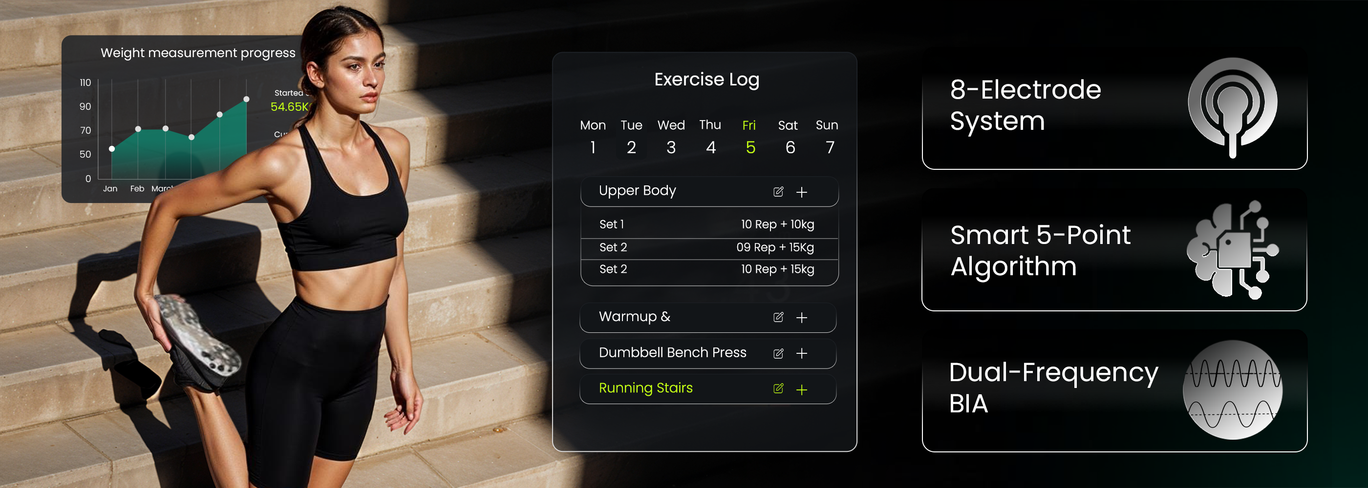 Woman exercising outdoors with fitness device interface_body composition scanner