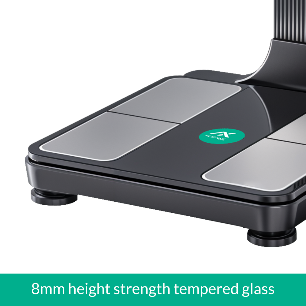 Black electronic scale with a tempered glass platform_body composition analyzer