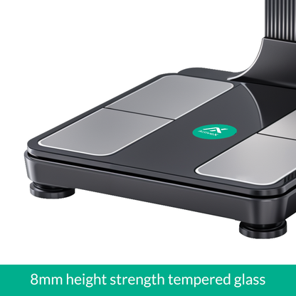 Black electronic scale with a tempered glass platform_body composition analyzer