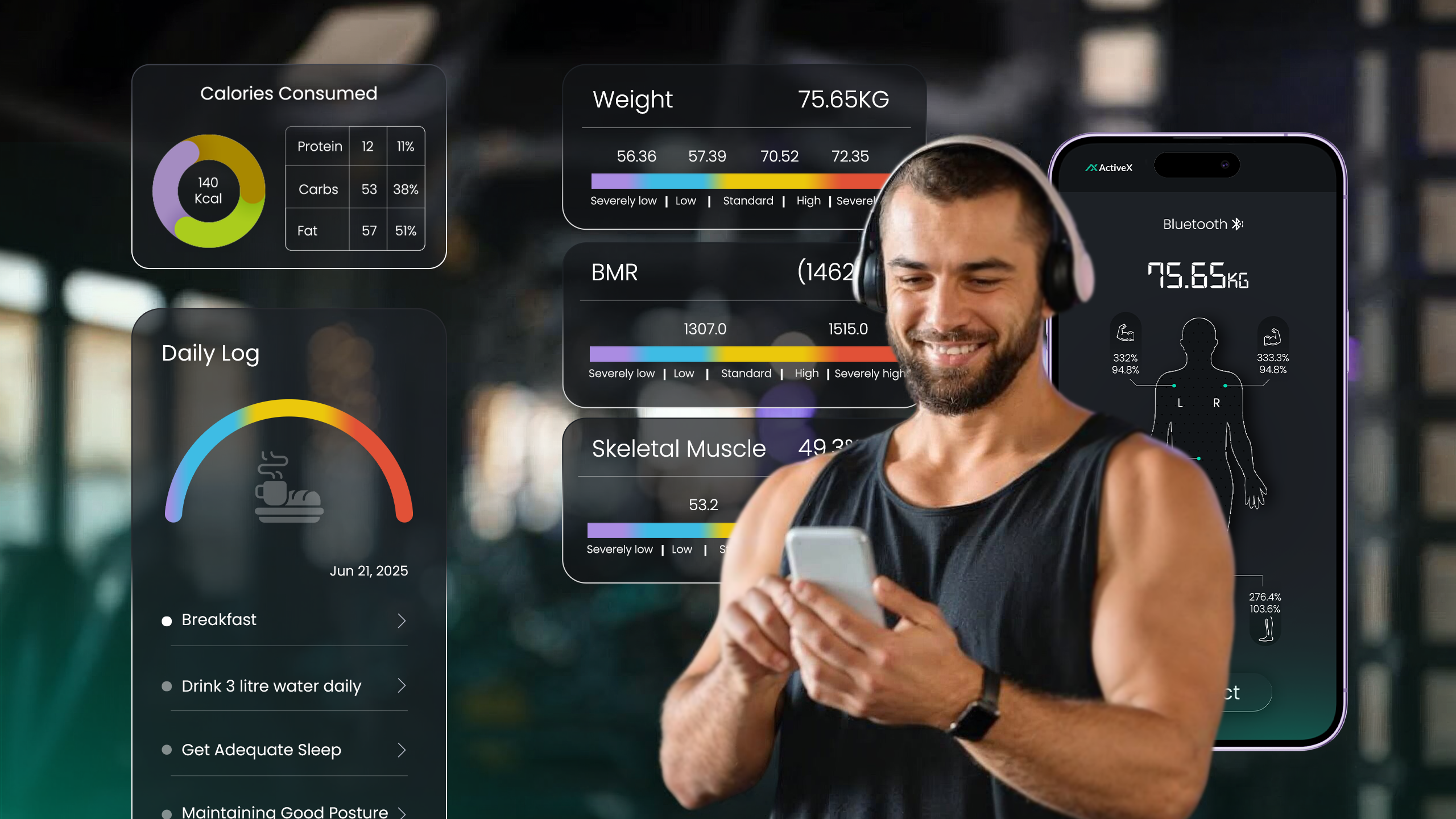 Man using a smartphone with fitness app_body analyzer